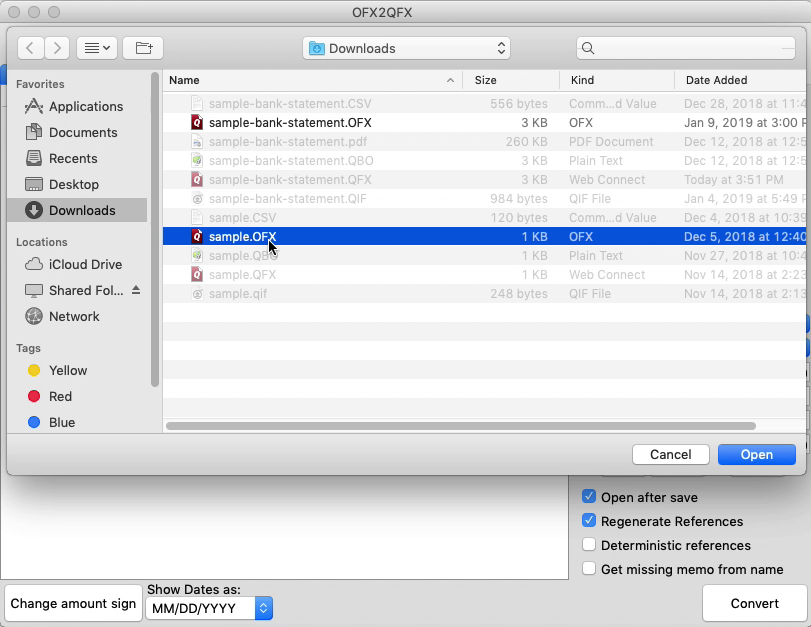 OFX2QFX Mac Step 1: select an OFX file