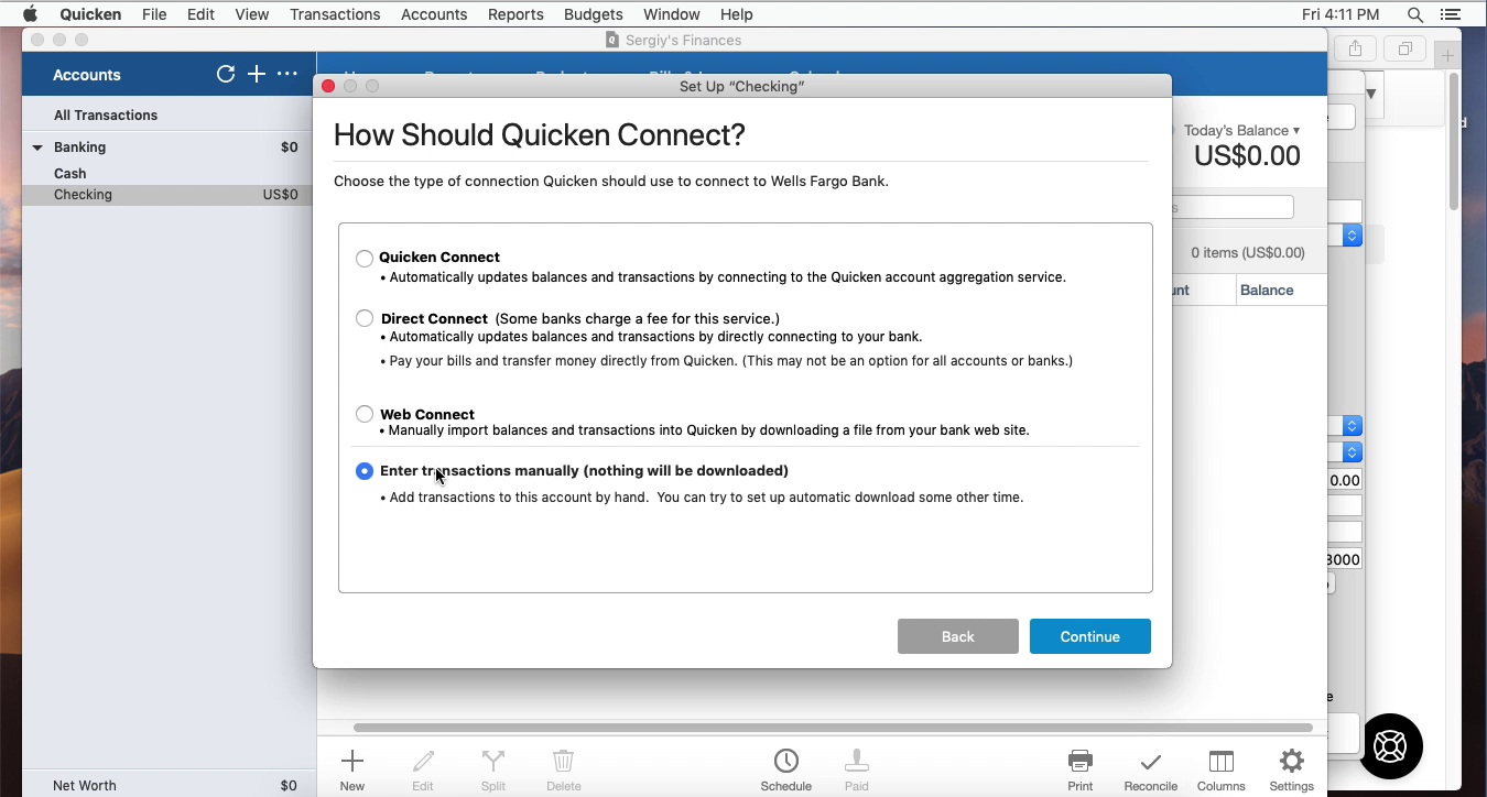 OFX2QFX Mac Step 13: Enter transactions manually in Quicken