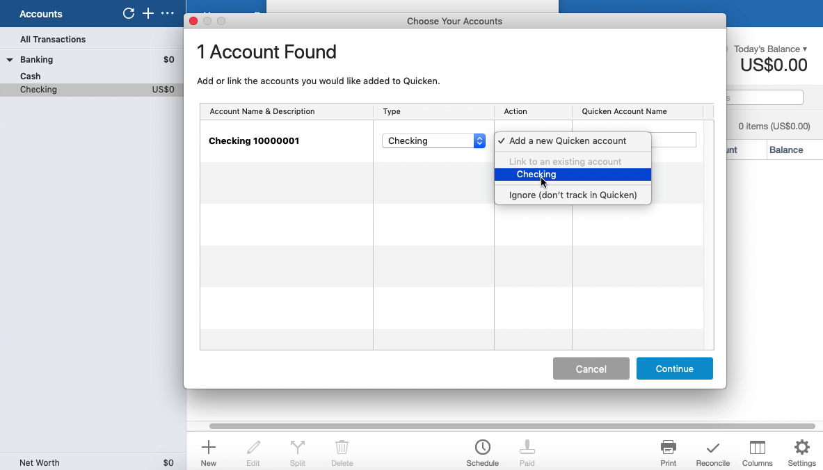 OFX2QFX Mac Step 16: select an existing account in Quicken