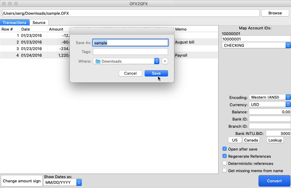 OFX2QFX Mac Step 7: Confirm the file name