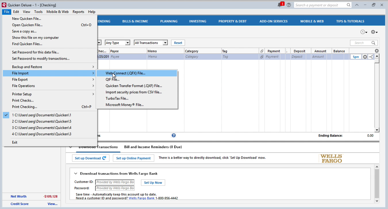 OFX2QFX Windows Step 11: file, import, web connect in Quicken
