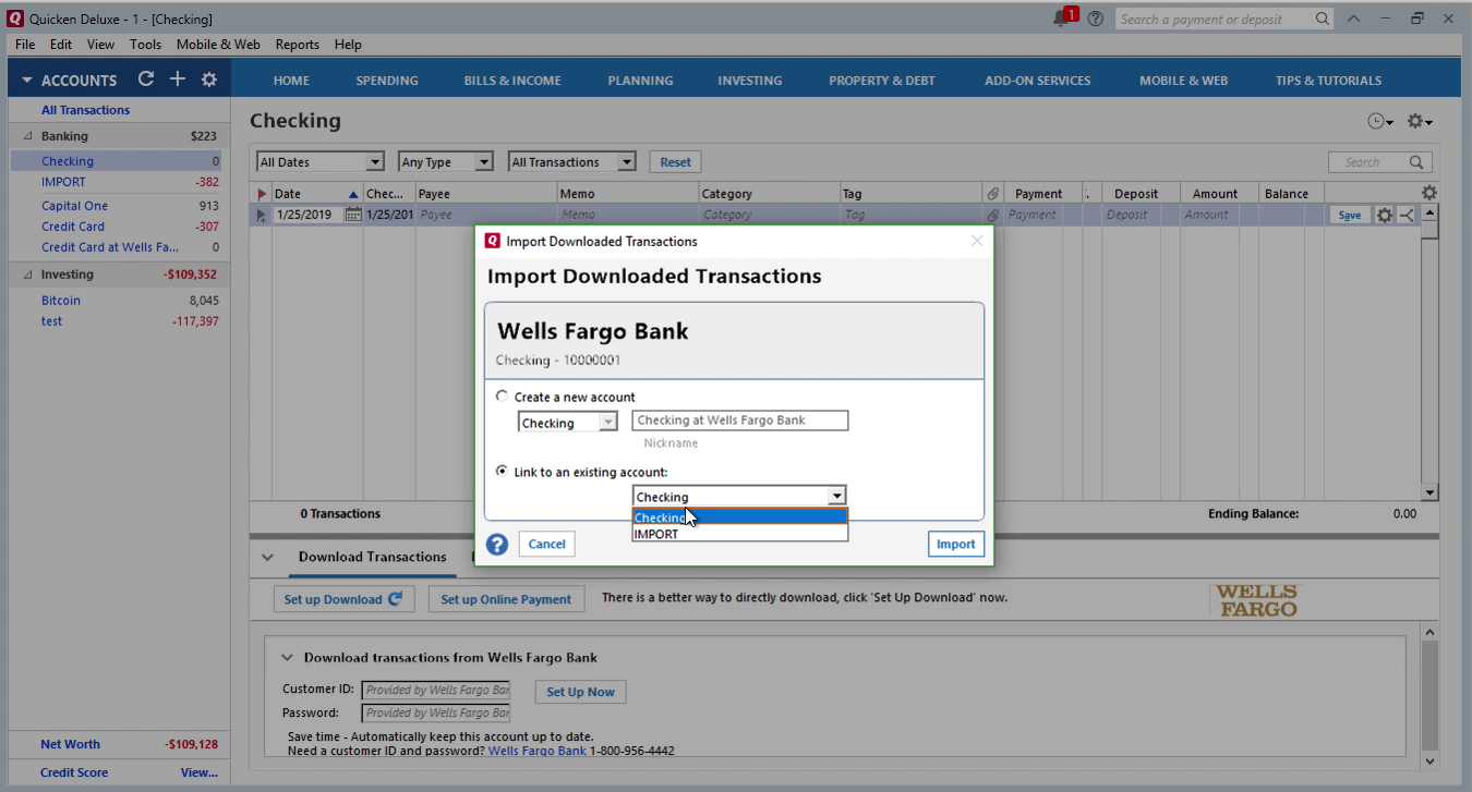 OFX2QFX Windows Step 12: link to an existing account in Quicken