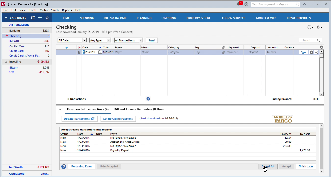 OFX2QFX Windows Step 15: accept all transactions in Quicken