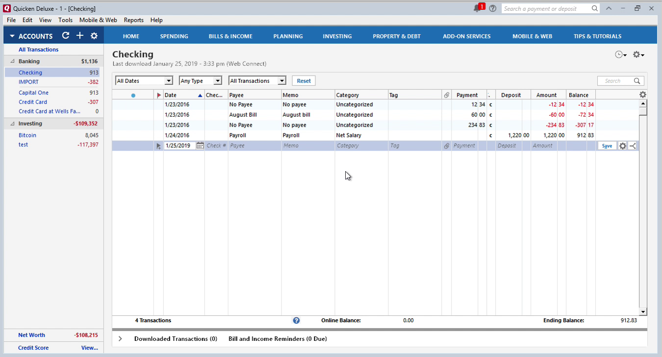 OFX2QFX Windows Step 16: review transactions in Quicken