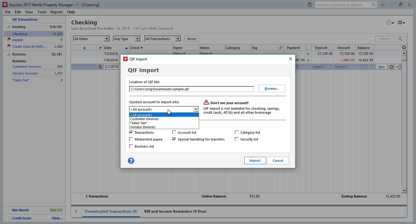 OFX2QIF Windows Step 8: all accounts in Quicken