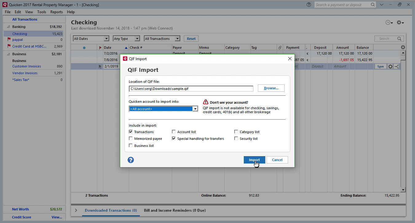 OFX2QIF Windows Step 9: click import in Quicken