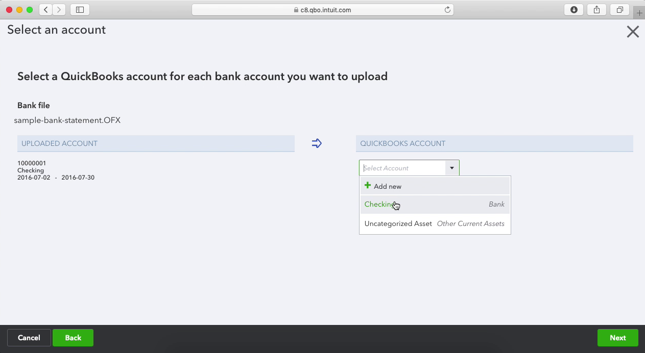 PDF2OFX Mac Step 12: select an account in Quickbooks