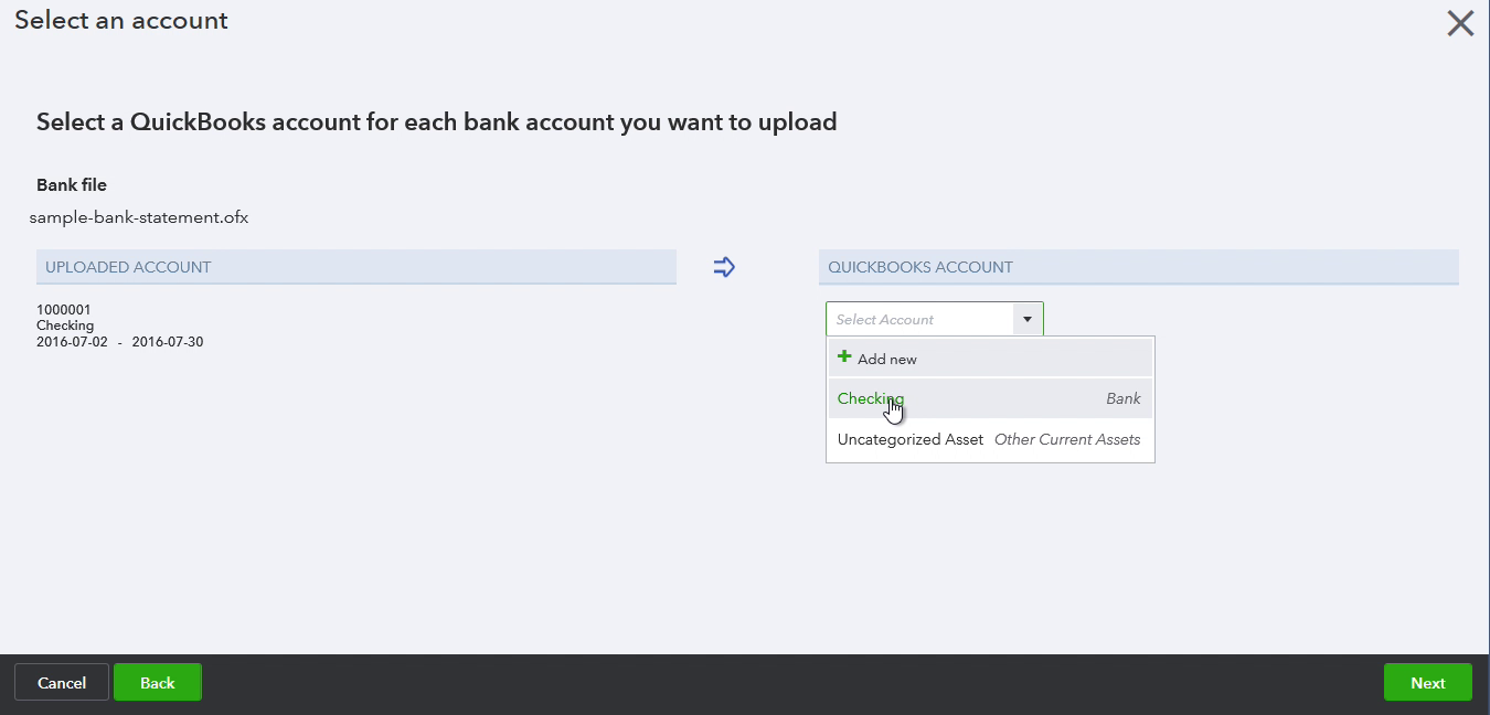 PDF2OFX Windows Step 12: select an account in Quickbooks