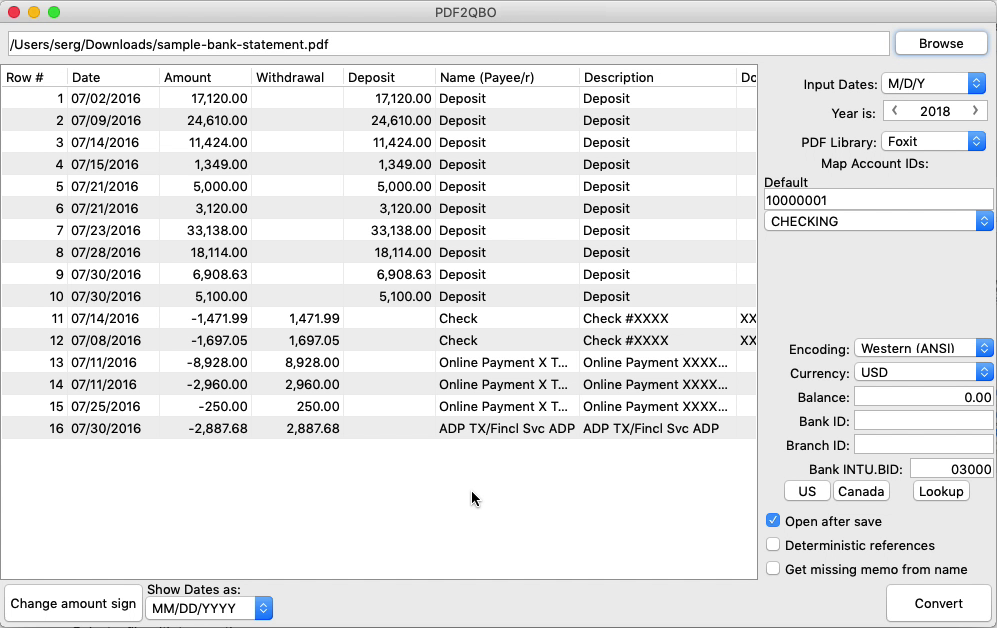 PDF2QBO Mac Step 2: review transactions before converting