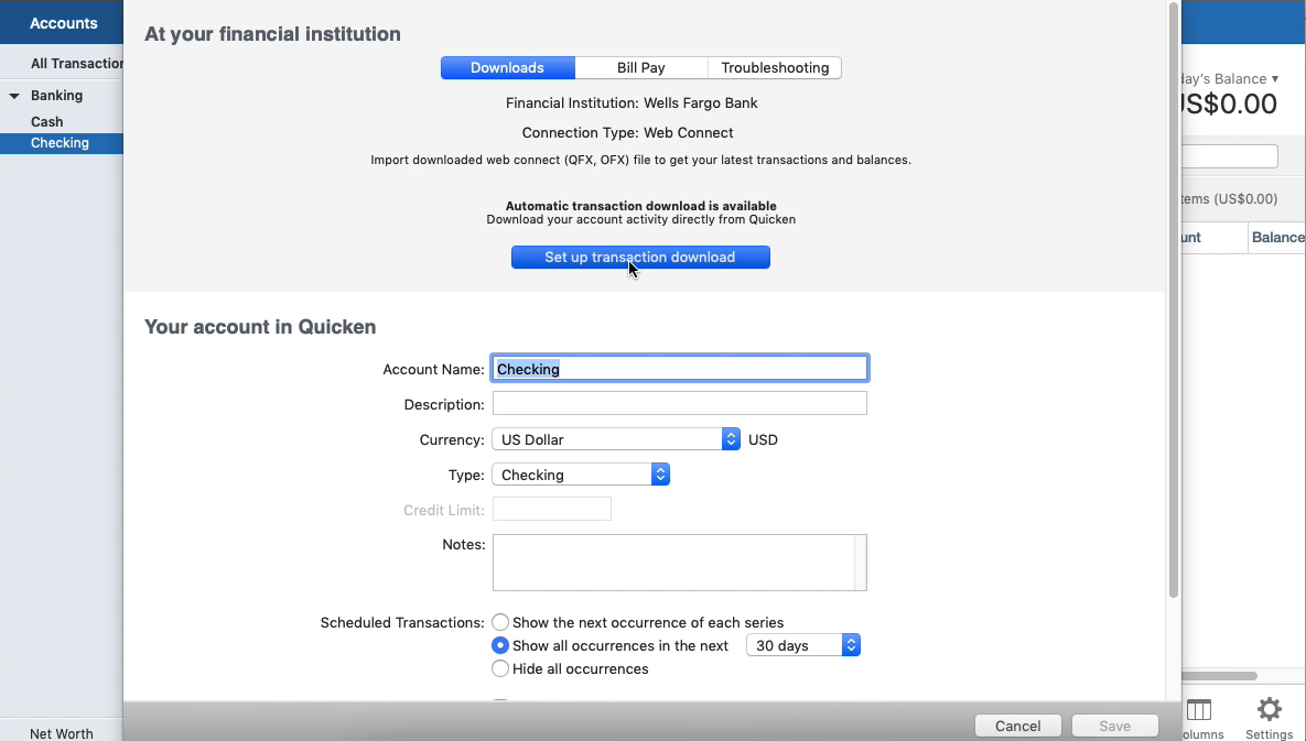 PDF2QFX Mac Step 10: click set up transactions download in Quicken
