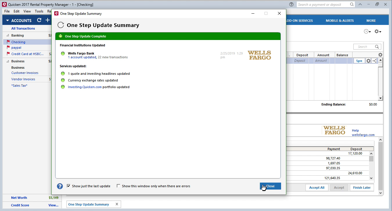 PDF2QFX Windows Step 16: one step update summary in Quicken