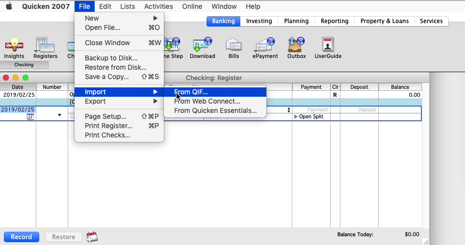 PDF2QIF Mac Step 7: file import in Quicken