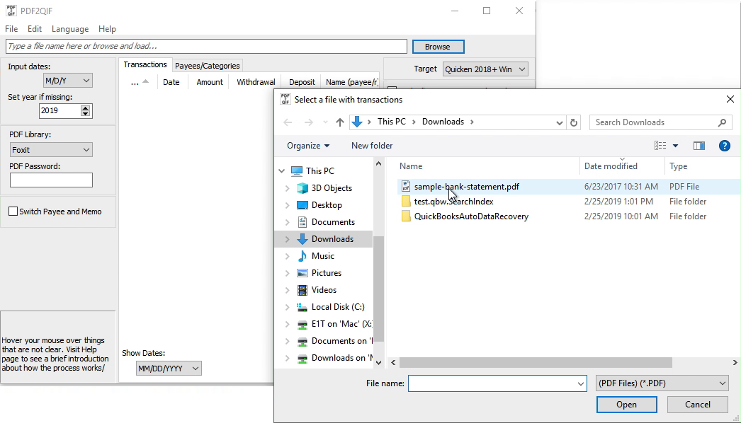 PDF2QIF Windows Step 1: select a PDF file