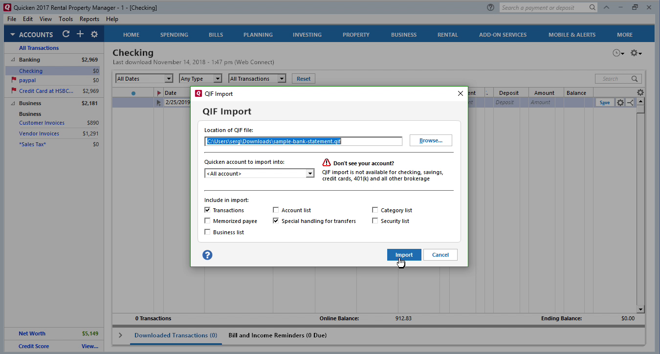 PDF2QIF Windows Step 9: click import in Quicken