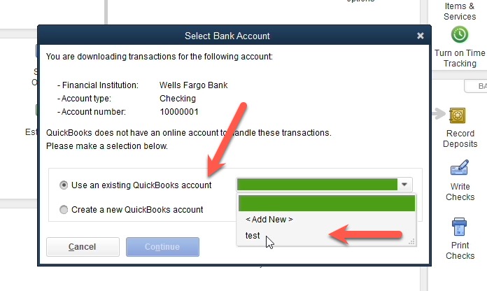 Step 8: Select Quickbooks account to import