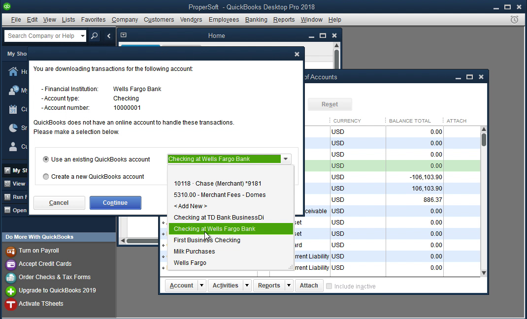 Bank2QBO Windows Step 13: select an existing account in Quickbooks