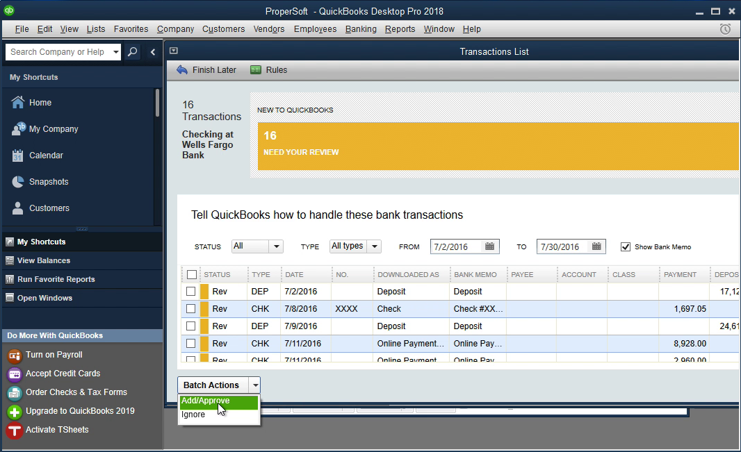 Bank2QBO Windows Step 18: add transactions to the register in Quickbooks