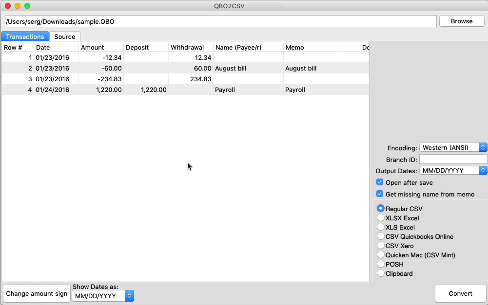 QBO2CSV Mac Step 2: review transactions before converting