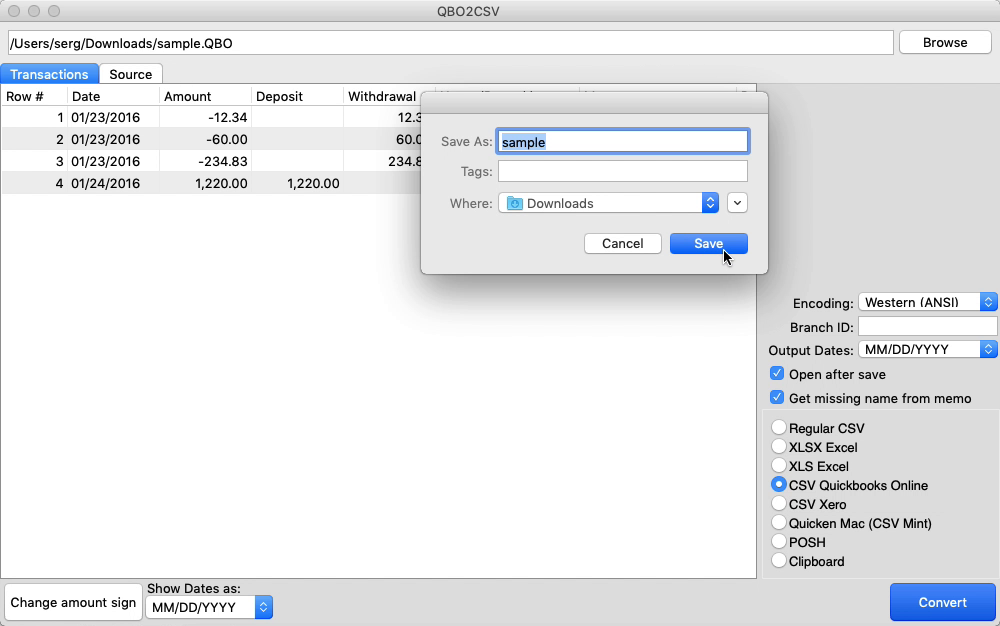 QBO2CSV Mac Step 6: confirm name and location and save