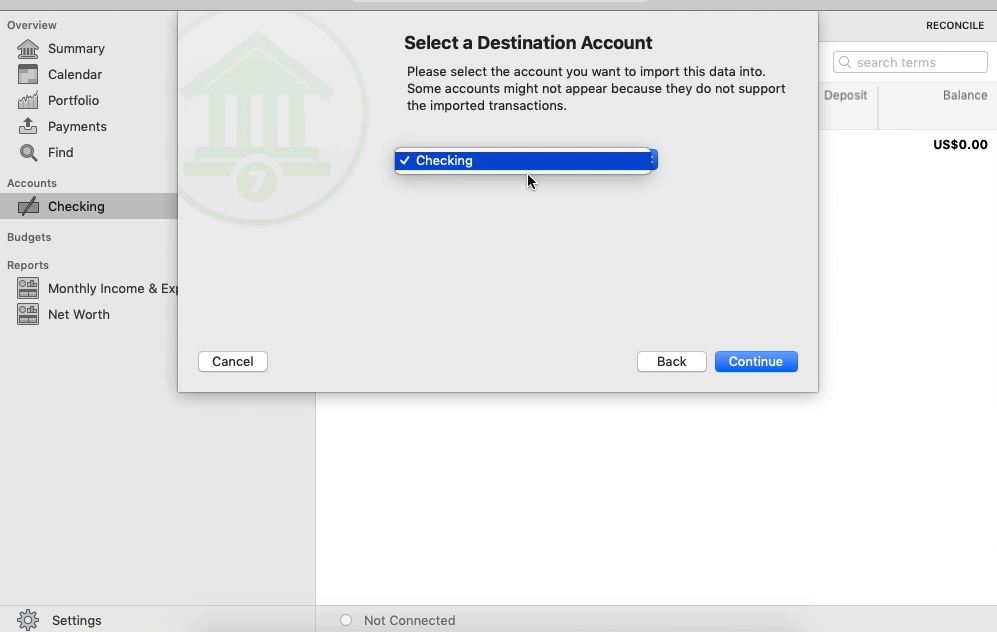 QBO2QIF Mac Step 8: select account in Banktivity