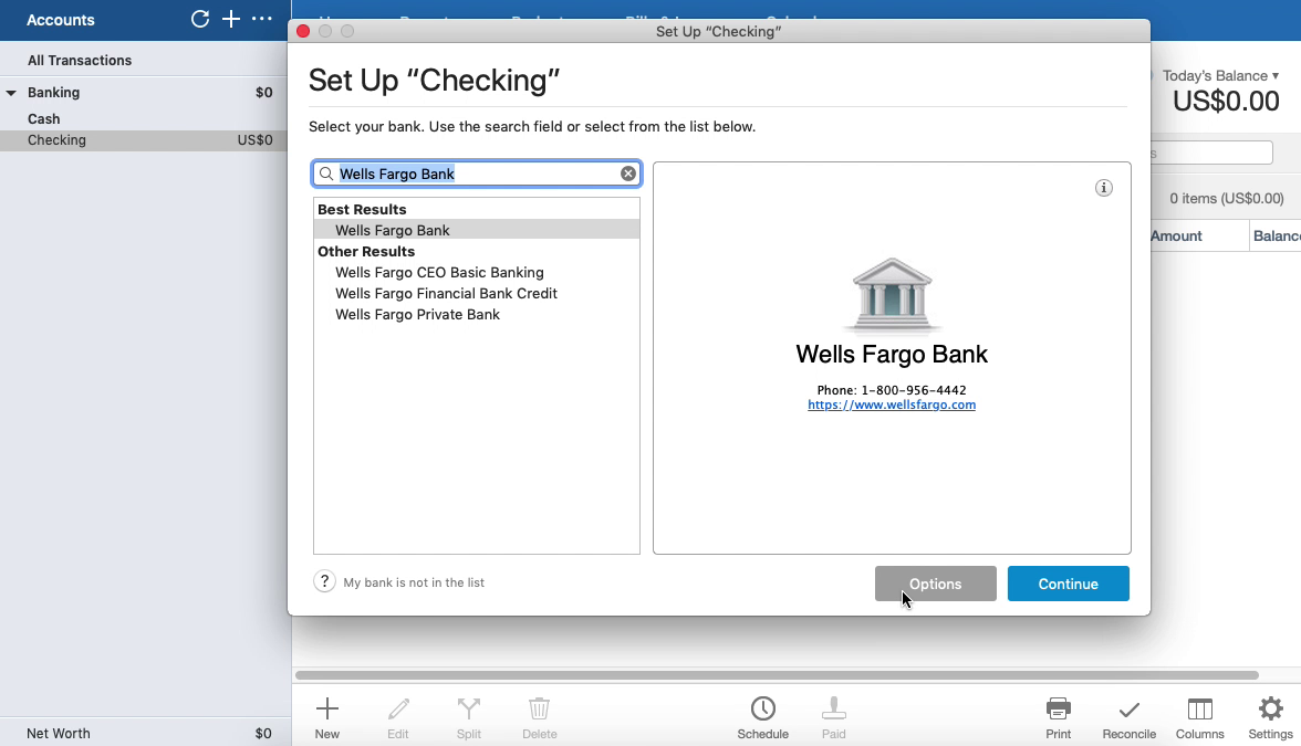Bank2QFX Mac Step 10: Options button in Quicken