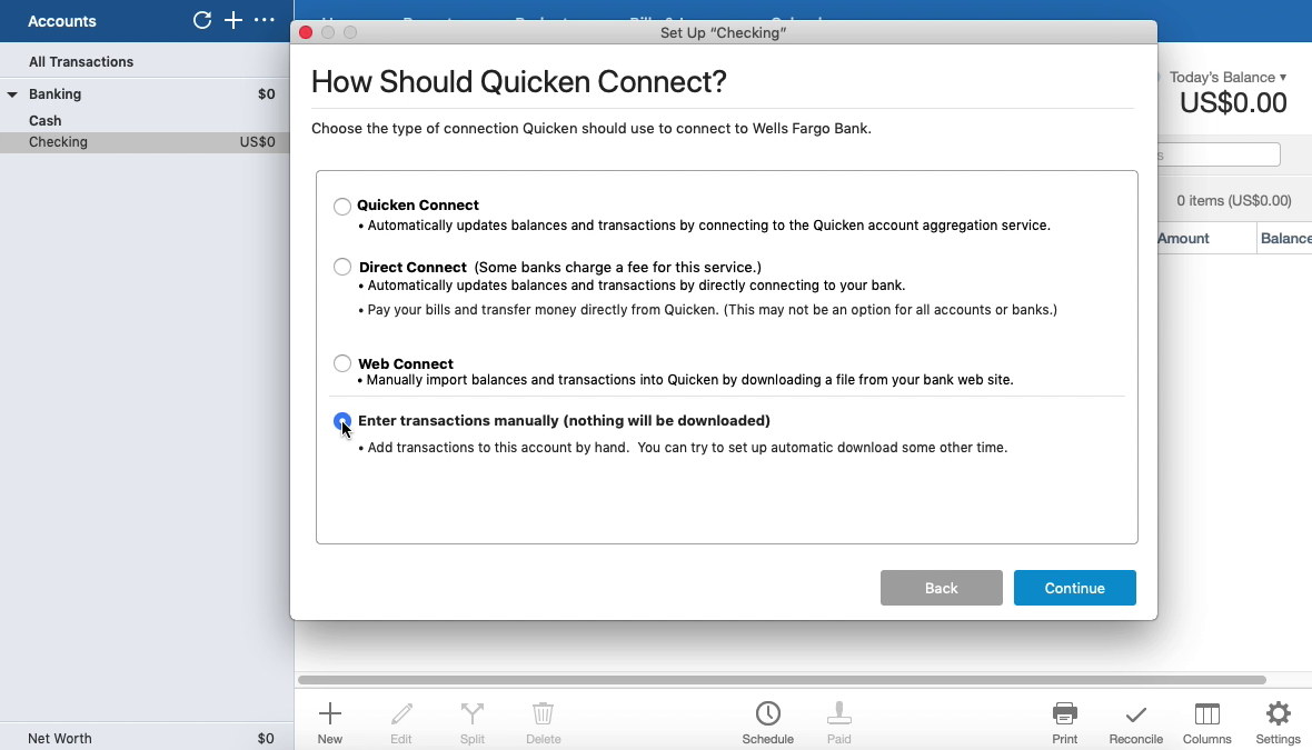 Bank2QFX Mac Step 11: Enter transactions manually in Quicken
