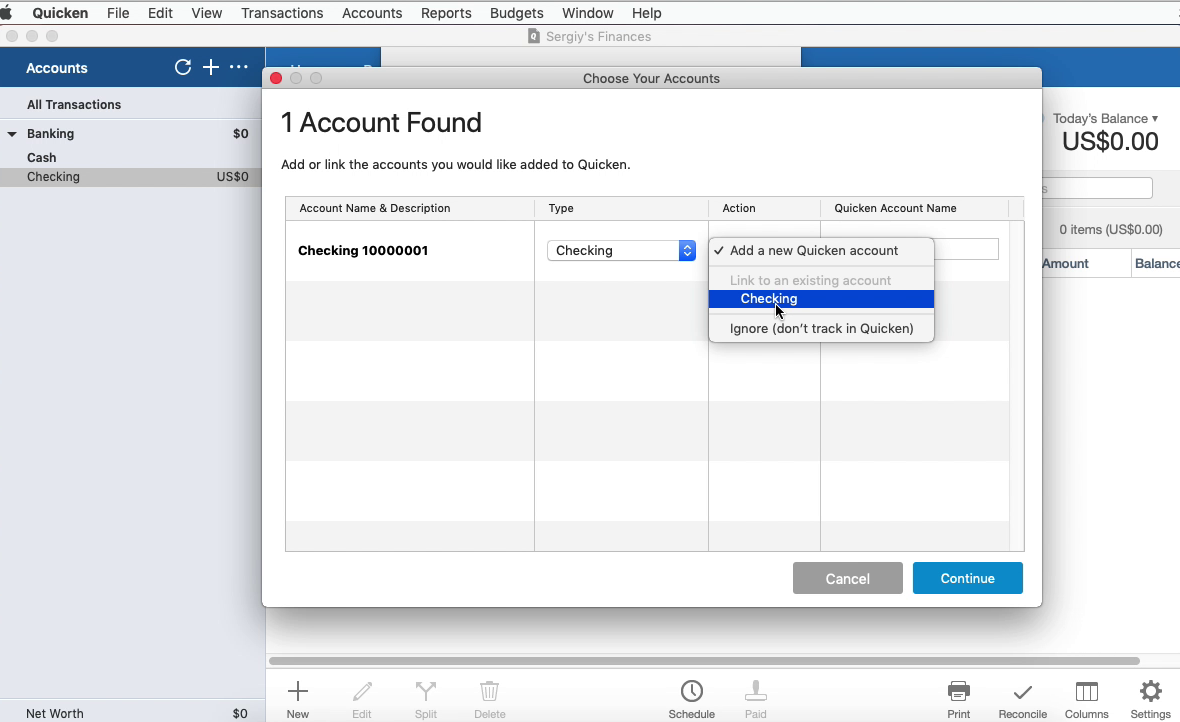 Bank2QFX Mac Step 17: select an existing account in Quicken