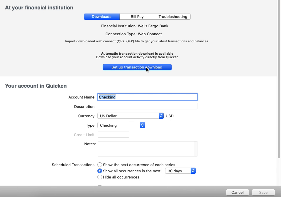 Bank2QFX Mac Step 9: Set up transaction download in Quicken