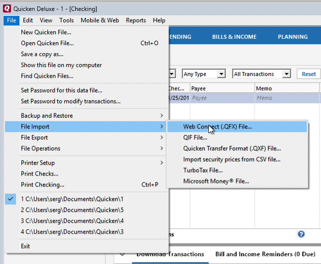 Bank2QFX Windows Step 12: file import in Quicken