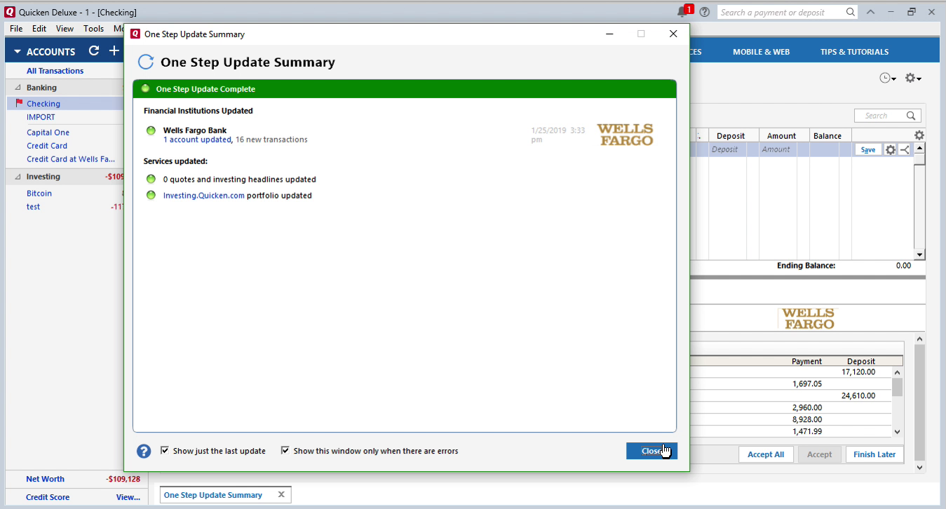 Bank2QFX Windows Step 14: one step update summary in Quicken
