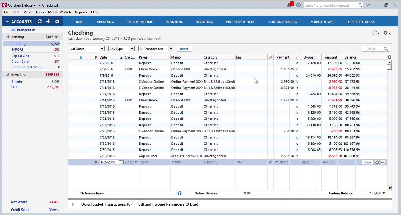 Bank2QFX Windows Step 16: review transactions in Quicken