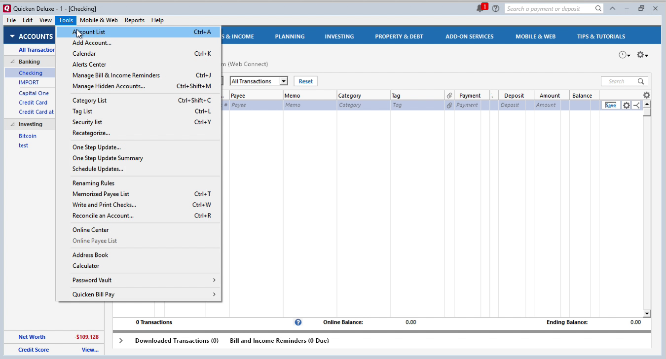 Bank2QFX Windows Step 9: tools, account list in Quicken