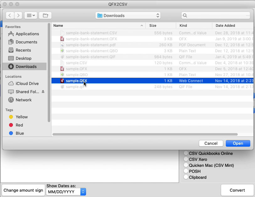 QFX2CSV Mac Step 1: select a QFX file