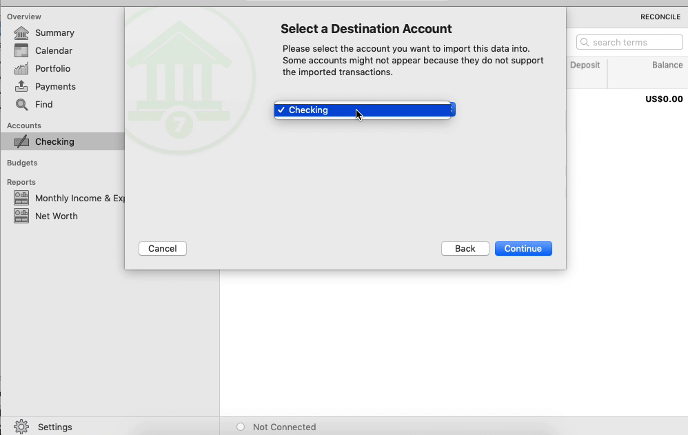 QFX2QIF Mac Step 8: select account in Banktivity