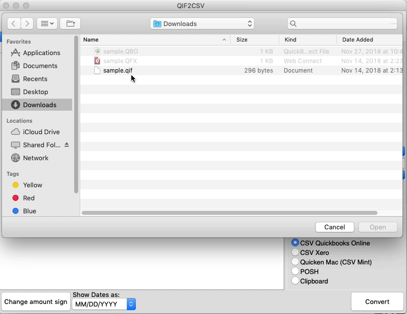 QIF2CSV Mac Step 1: select a QIF file
