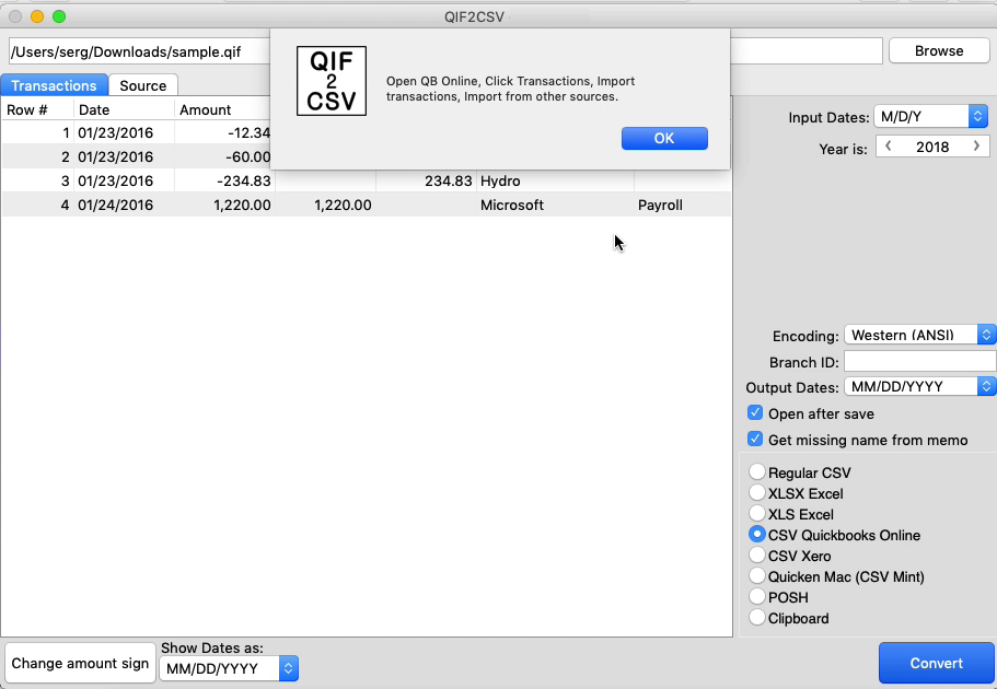 QIF2CSV Mac Step 6: CSV file created