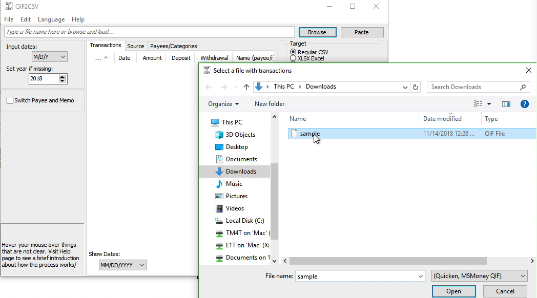 QIF2CSV Windows Step 1: select a QIF file