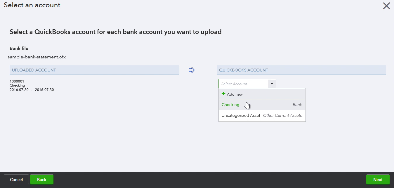 QIF2OFX Windows Step 13: select an account in Quickbooks