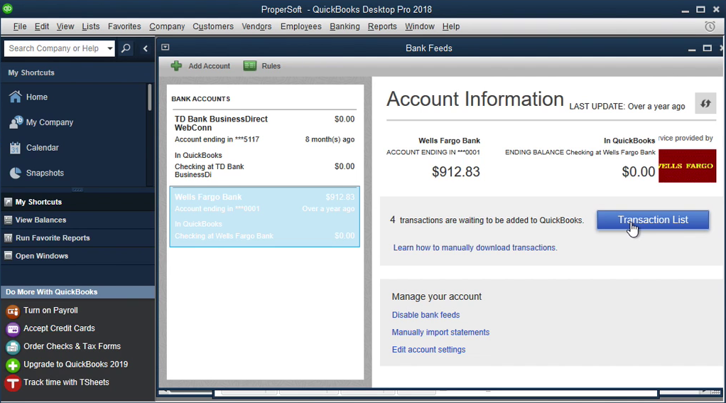 QIF2QBO: Convert QIF to QBO and import into Quickbooks Step 17: transaction list