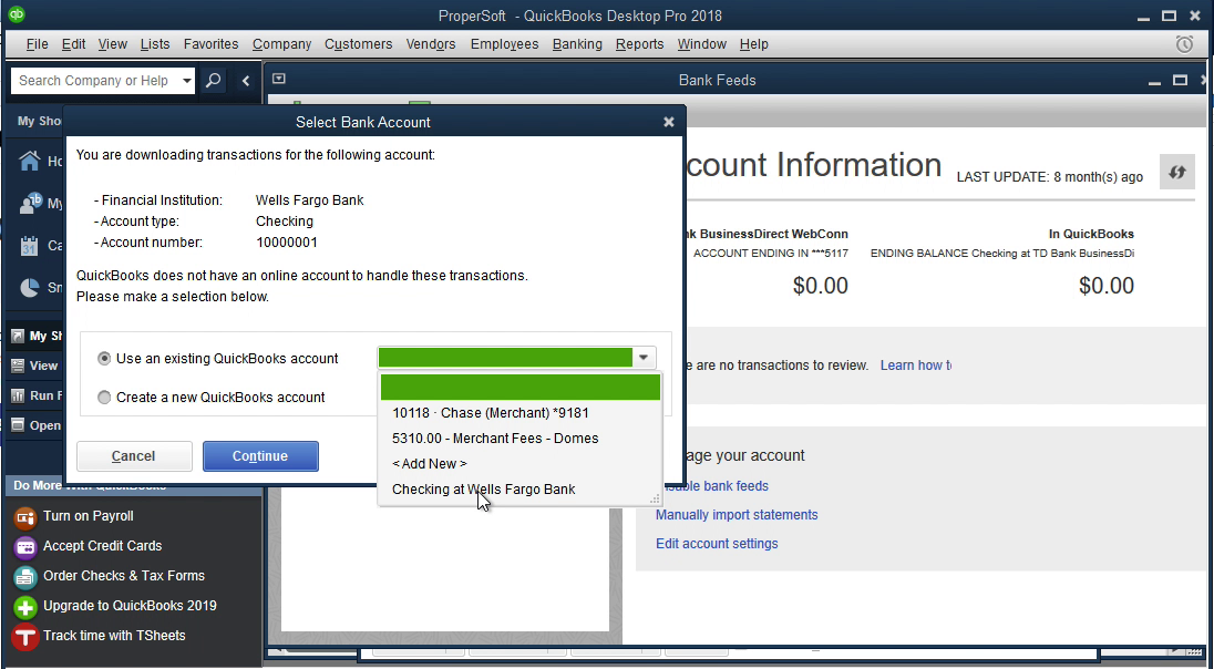 QIF2QBO Windows Step 13: select an existing account in Quickbooks