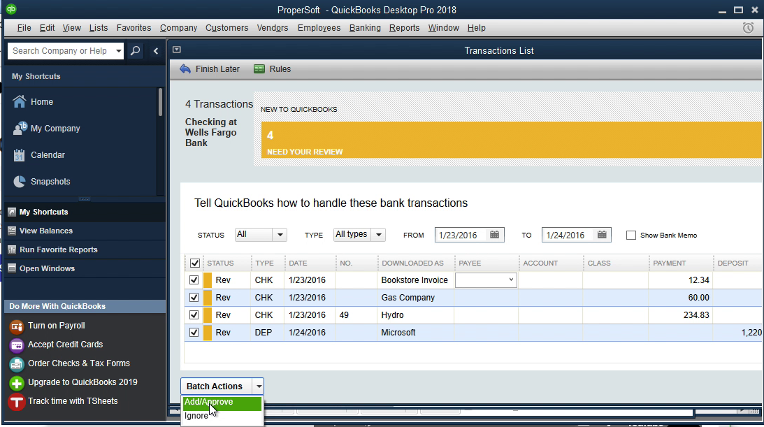 QIF2QBO Windows Step 17: add transactions to the register in Quickbooks