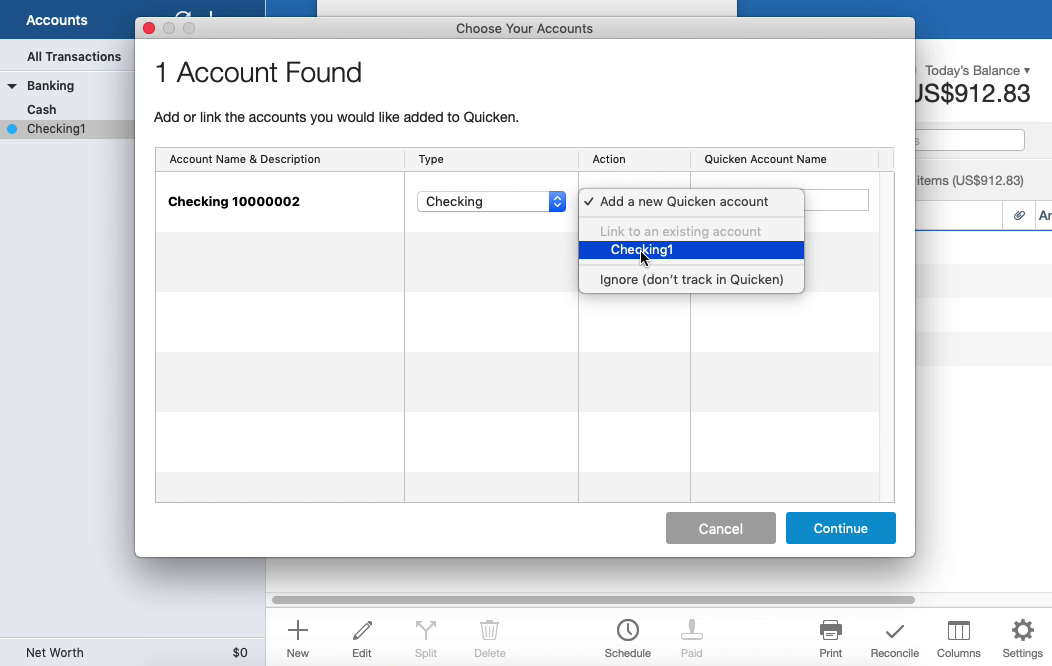 QIF2QFX Mac Step 16: select an existing account in Quicken