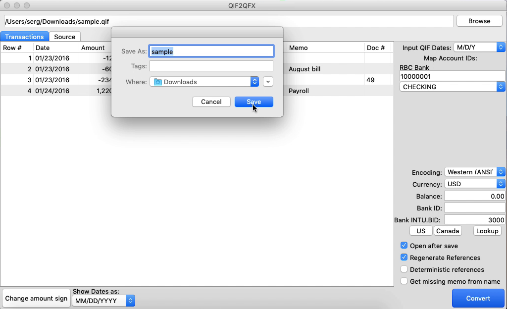 QIF2QFX Mac Step 7: Confirm the file name