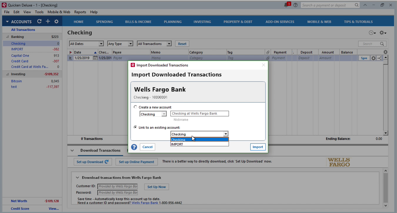 QIF2QFX Windows Step 12: link to an existing account in Quicken