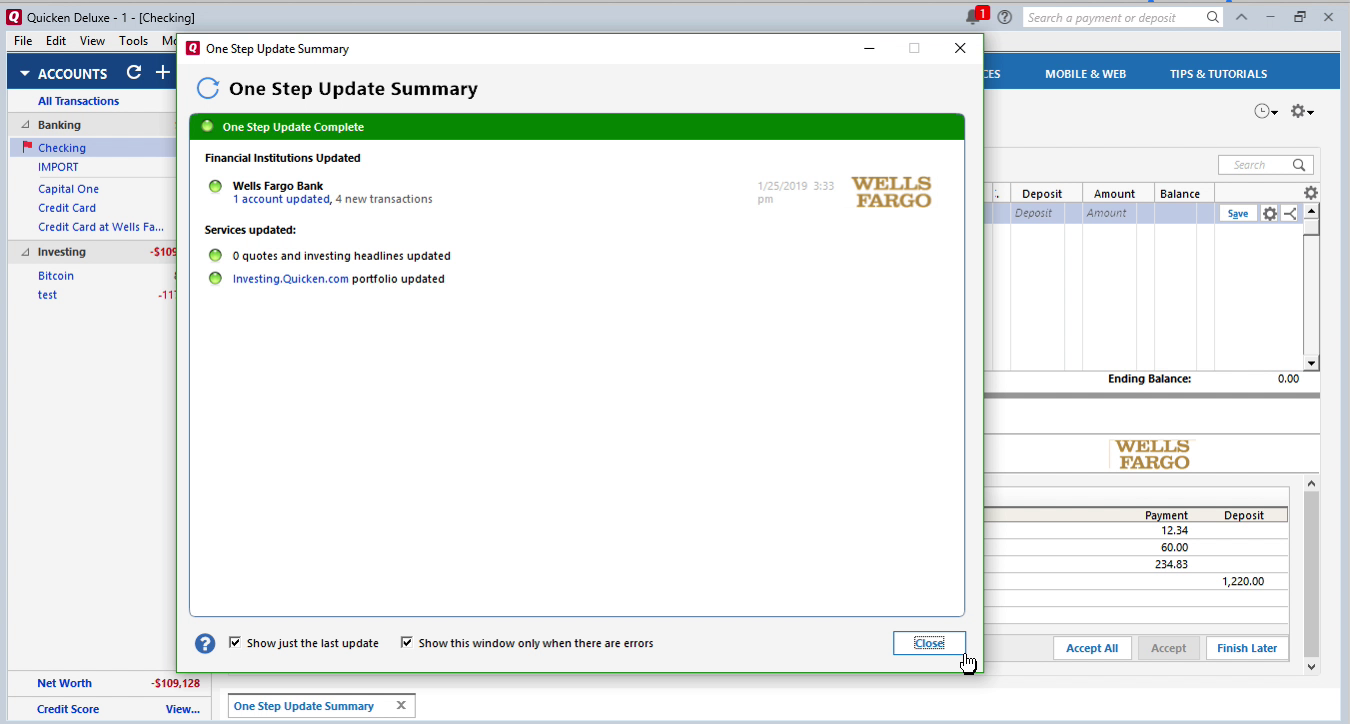 QIF2QFX Windows Step 14: one step update summary in Quicken