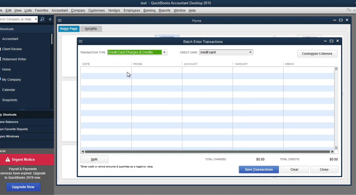 Convert transaction files to Quickbooks Accountant Batch Entry Step 7: batch enter transactions for credit card
