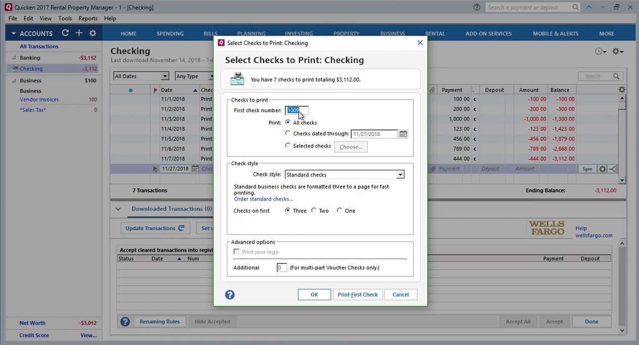 How Quickly Prepare and Print Checks in Quicken Step 19: first check number