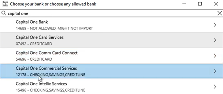 Setting attributes QBO files Step 4: Lookup Capital One