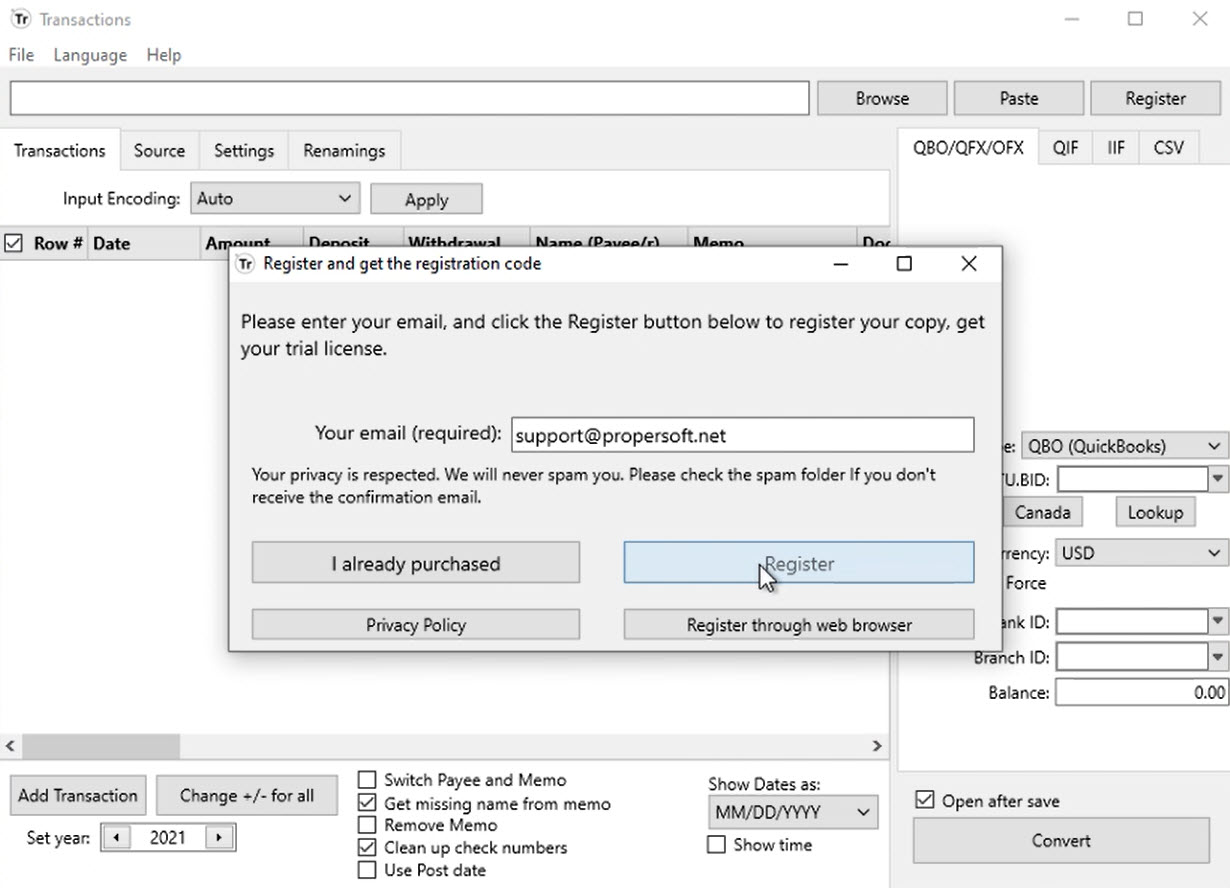 Start a ProperSoft converter for the first time Step 2: register button